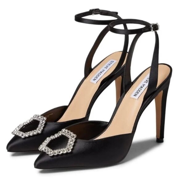 STEVE MADDEN AMORY Women's Embellished Pointed Toe Heel Pumps Black Satin Size 9 - Picture 1 of 10